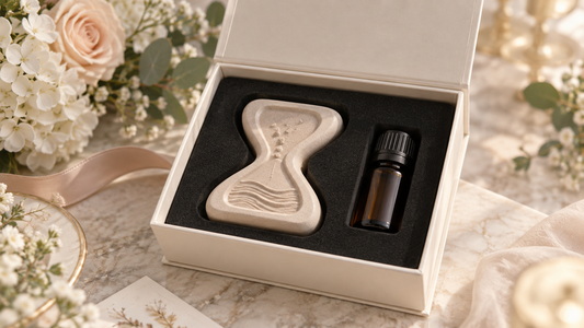香檳沙漏造型擴香石婚禮禮盒；造型與包裝示意，實際以打樣確認