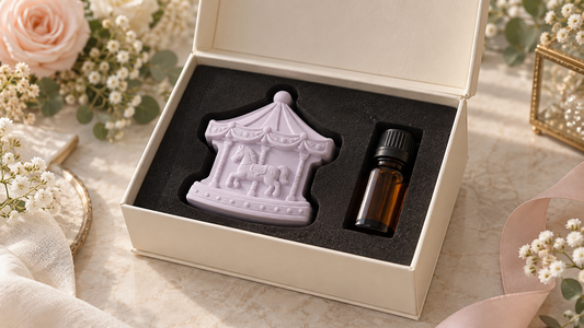 淡紫旋轉木馬造型擴香石婚禮禮盒；造型與包裝示意，實際以打樣確認