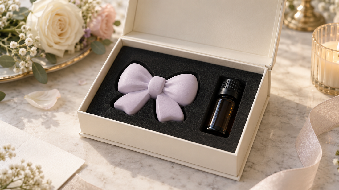淡紫蝴蝶結造型擴香石婚禮禮盒；造型與包裝示意，實際以打樣確認