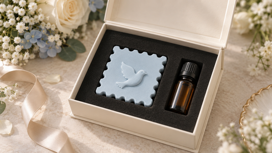 淺藍郵票造型擴香石婚禮禮盒；造型與包裝示意，實際以打樣確認
