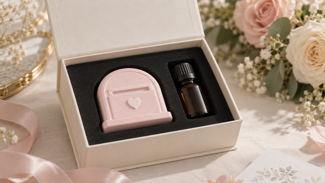 粉色愛情郵筒造型擴香石婚禮禮盒；造型與包裝示意，實際以打樣確認