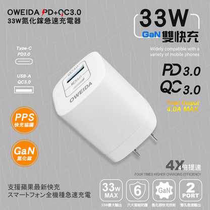 33W 氮化鎵GaN PD+QC3.0快充頭