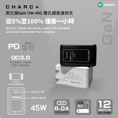 45W 氮化鎵GaN PD+QC3.0 快充頭