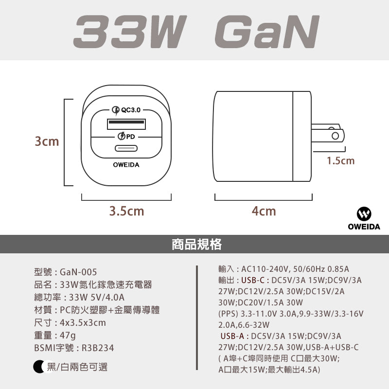 33W 氮化鎵GaN PD+QC3.0快充頭