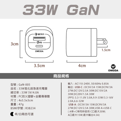 33W 氮化鎵GaN PD+QC3.0快充頭